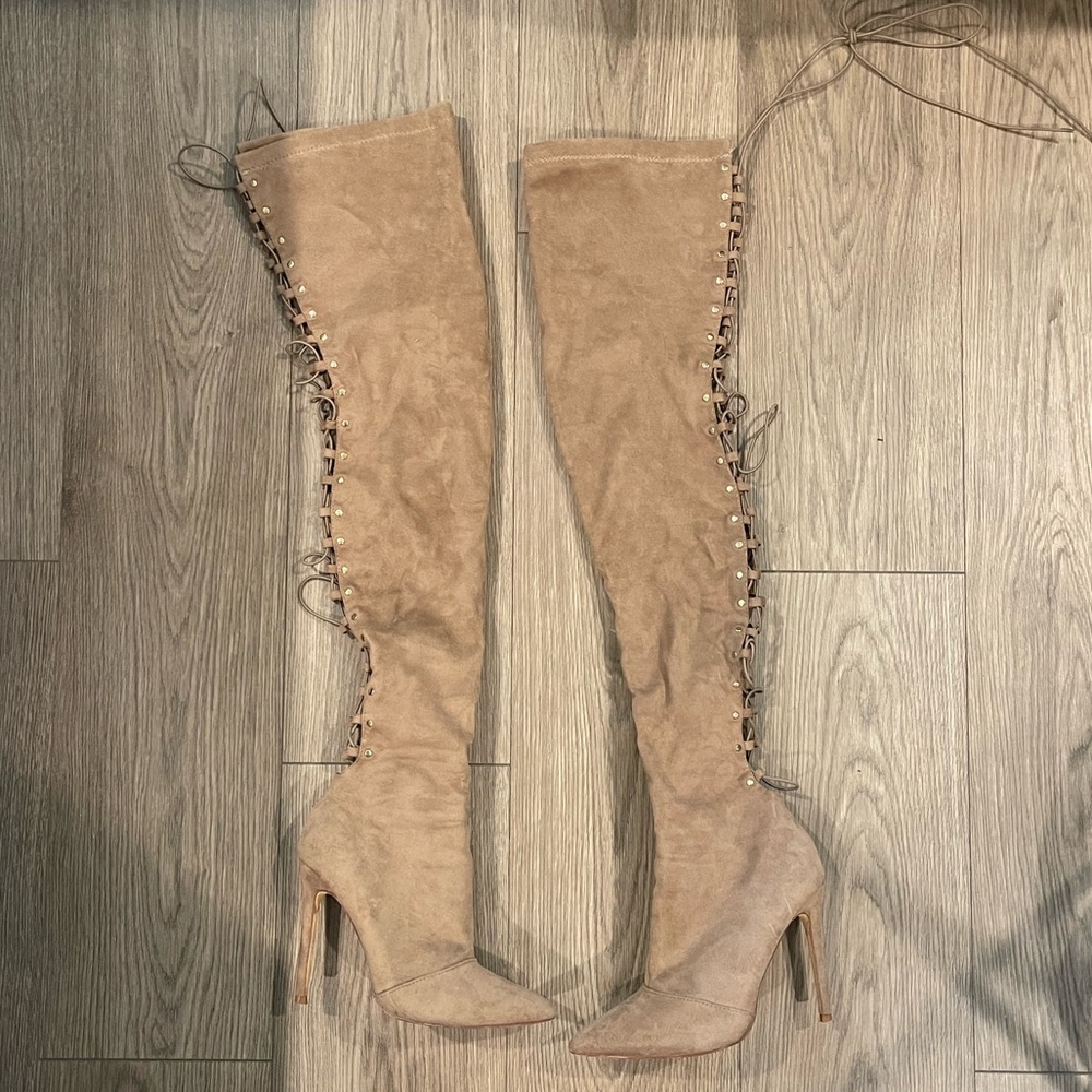 Beige tan lace up Over-the-Knee Boots
